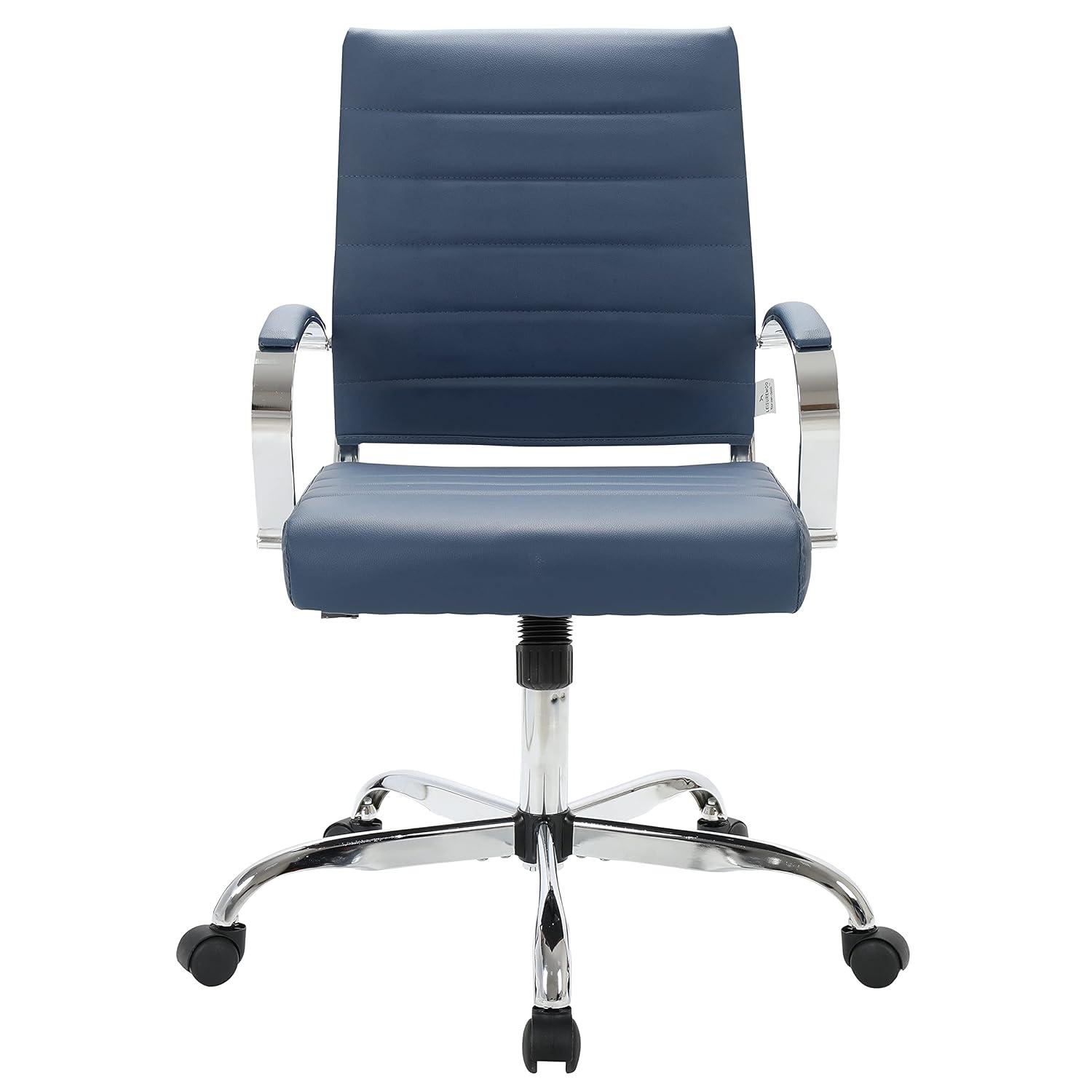 LeisureMod Benmar Mid-Back Office Conference Chair Upholstered in Leather with Swivel and Tilt in Navy Blue