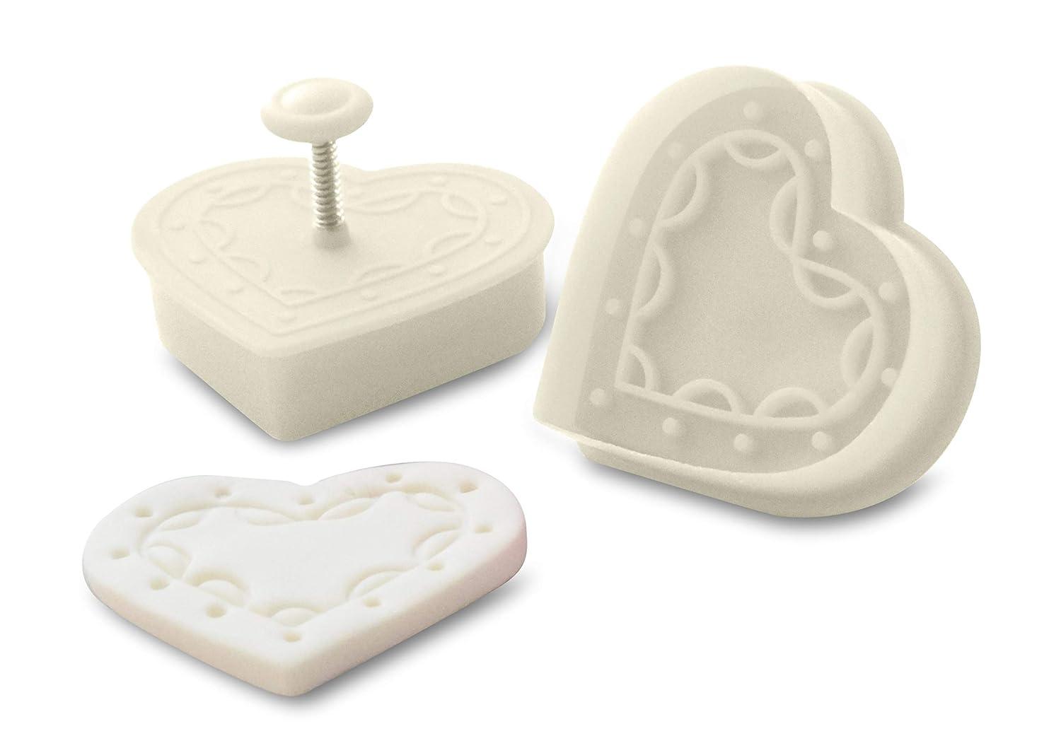 White Plastic Heart-Shaped Cookie Stamp and Cutter Set