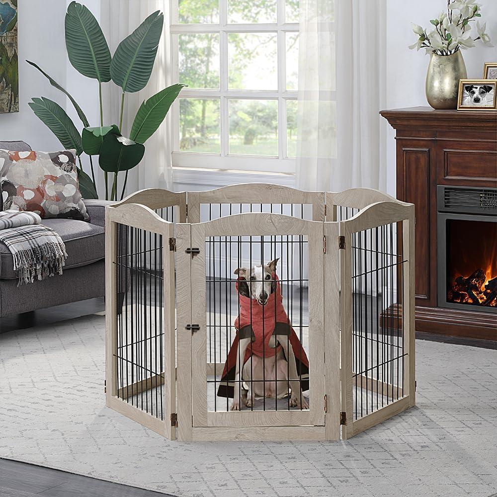 Unipaws Extra Wide Freestanding Dog Gate, 6 Panels Pet Playpen with Wood and Wire, Walk Through Dog Gate with 5 Support Feet