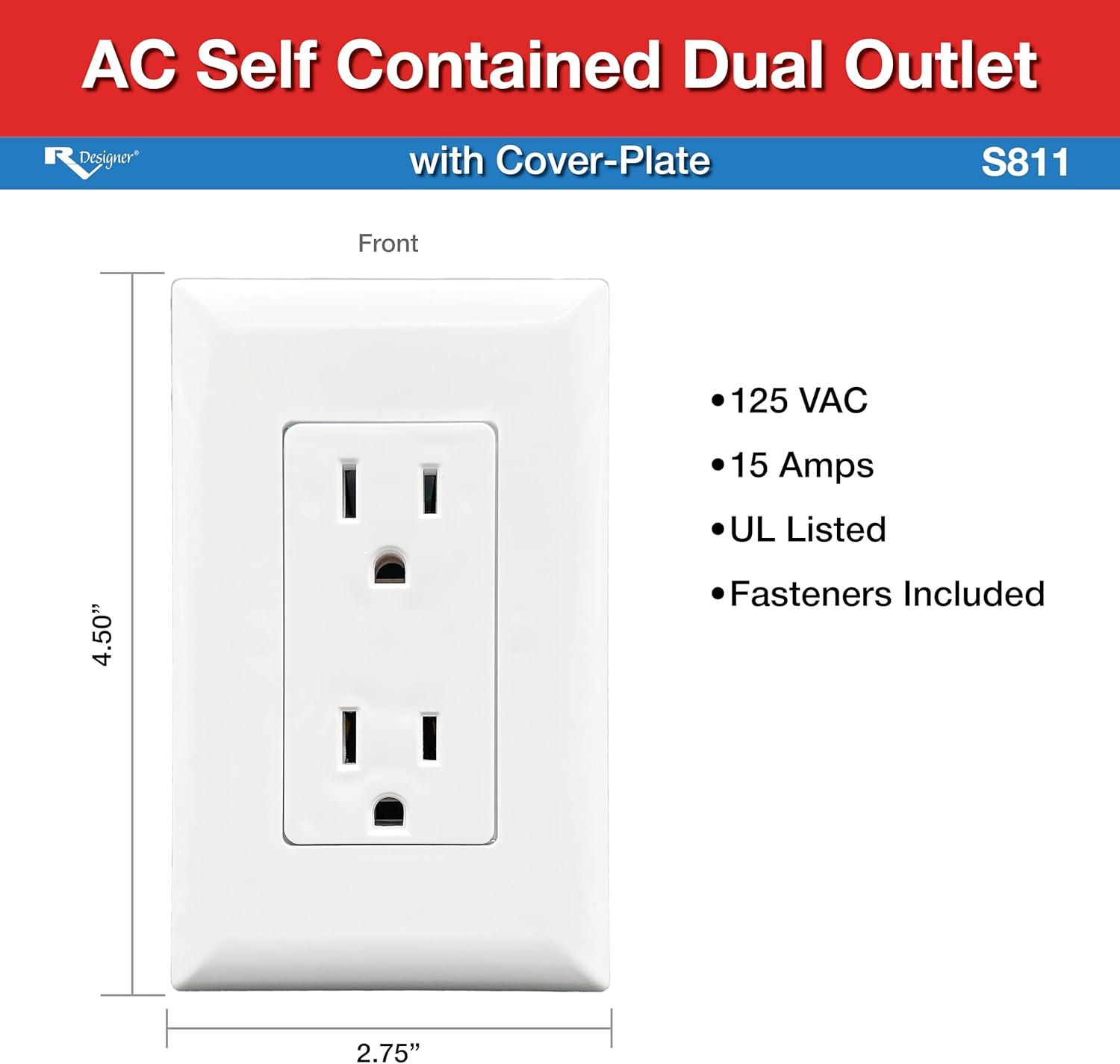 RV Designer S811 Dual AC Self-Contained Outlet With Cover-Plate - White