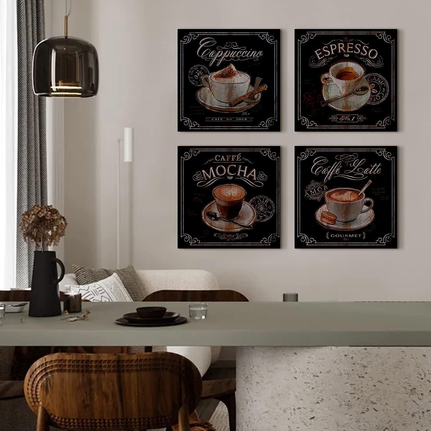 Kitchen Wall Art Coffee Wall Art Vintage Brown Black Cafe Pictures Dining Room Bar Wall Decor Fireplace Sign Bean Modern Artwork Canvas Coffee Shop Painting Family Restaurant Home Decoration 12x12" 4P