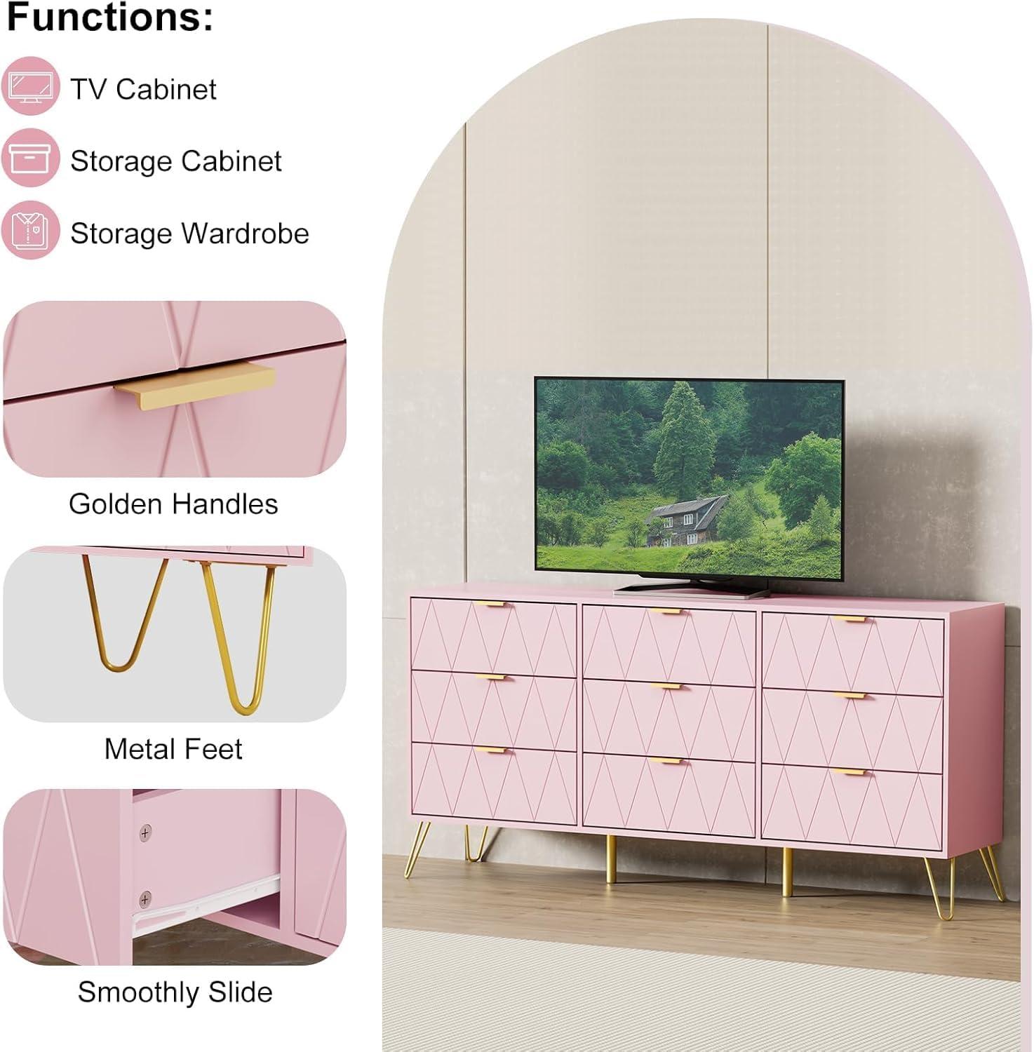 Pink Geometric 9-Drawer Dresser with Gold Accents