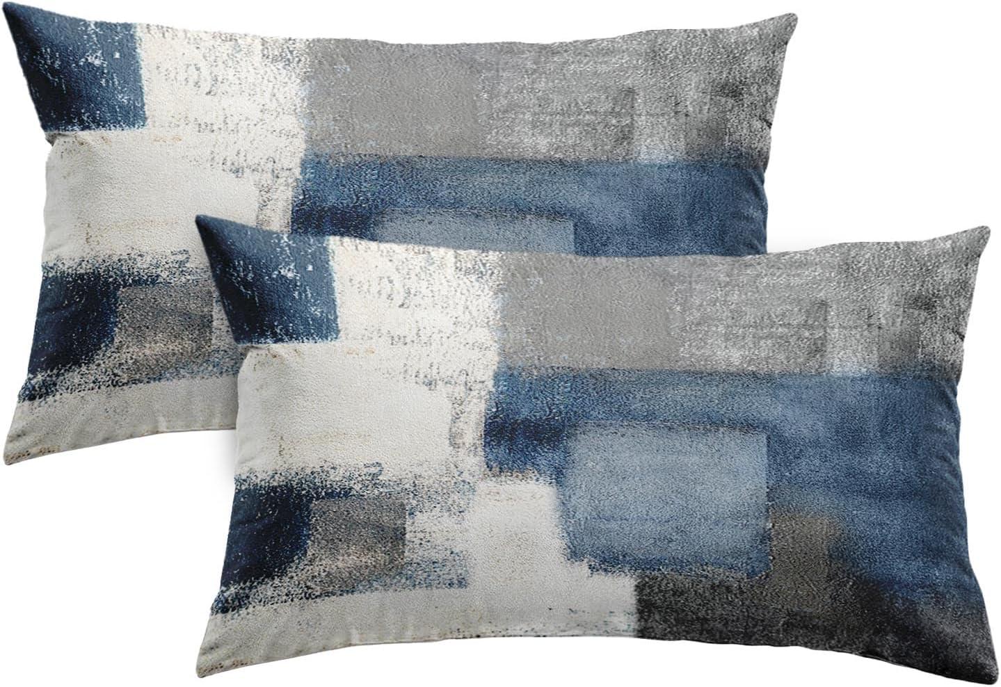 Modern Blue and Grey Abstract Art Lumbar Throw Pillow Set