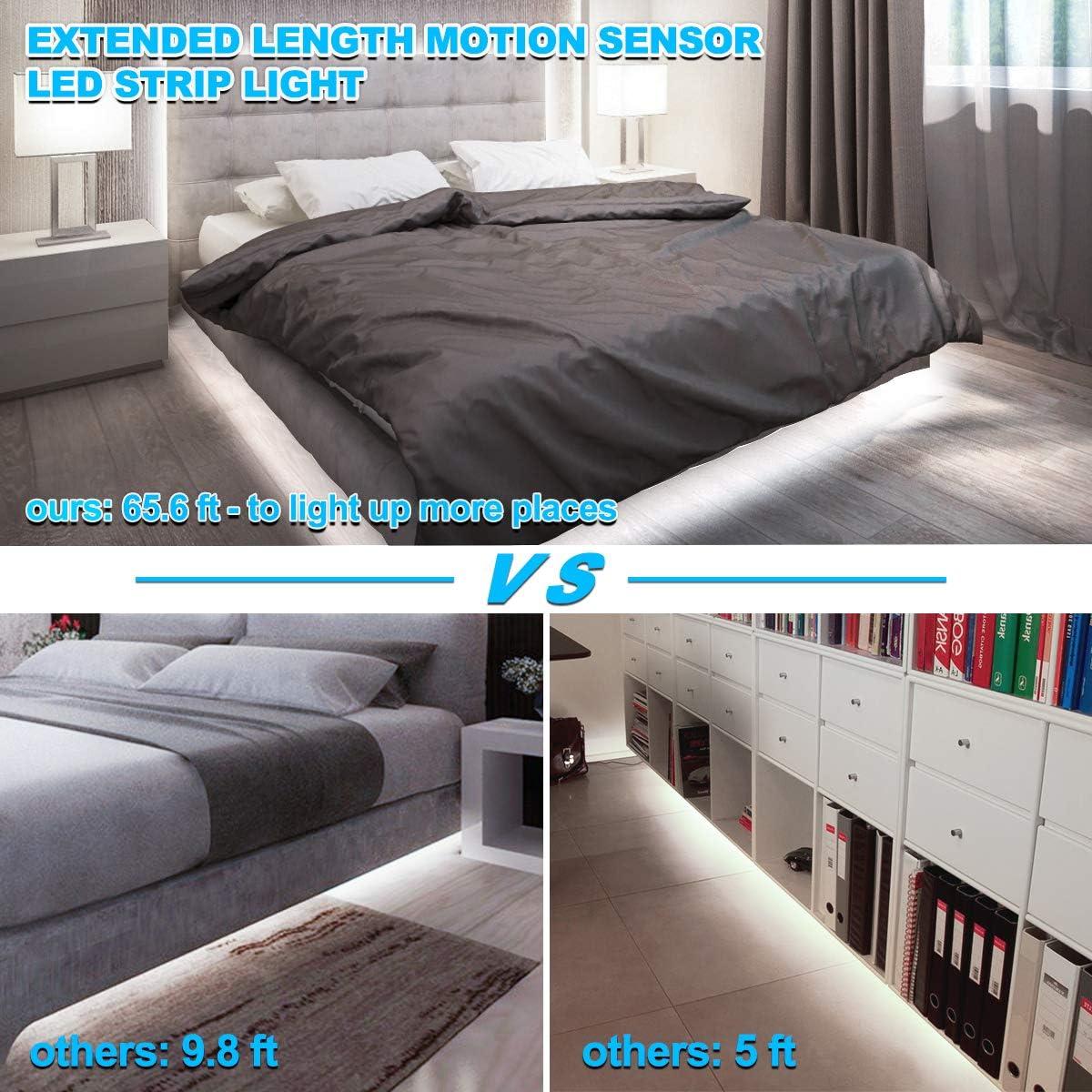 MY BEAUTY LIGHT Motion Activated LED Strip Lights, 65.6ft LED Light Strip with Day or Night 2 Lighting Modes,3 Timing Off Modes,Bright White 24v Plug-in LED Rope Lights for Under Cabinet,Kitchen,Room