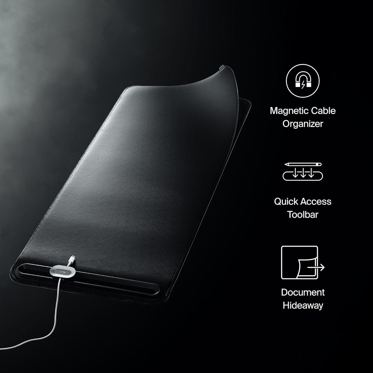 Large Black Faux Leather Desk Mat with Magnetic Cable Holder