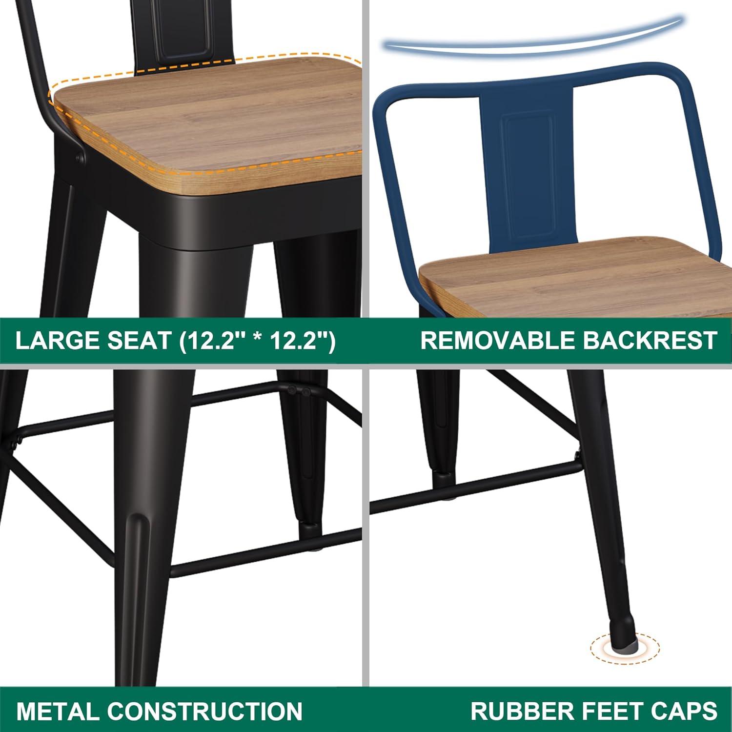 Stools Set of 4 Counter Height  Stools Metal Barstools with Removable Back 30" Kitchen  Stools with Wooden Seat