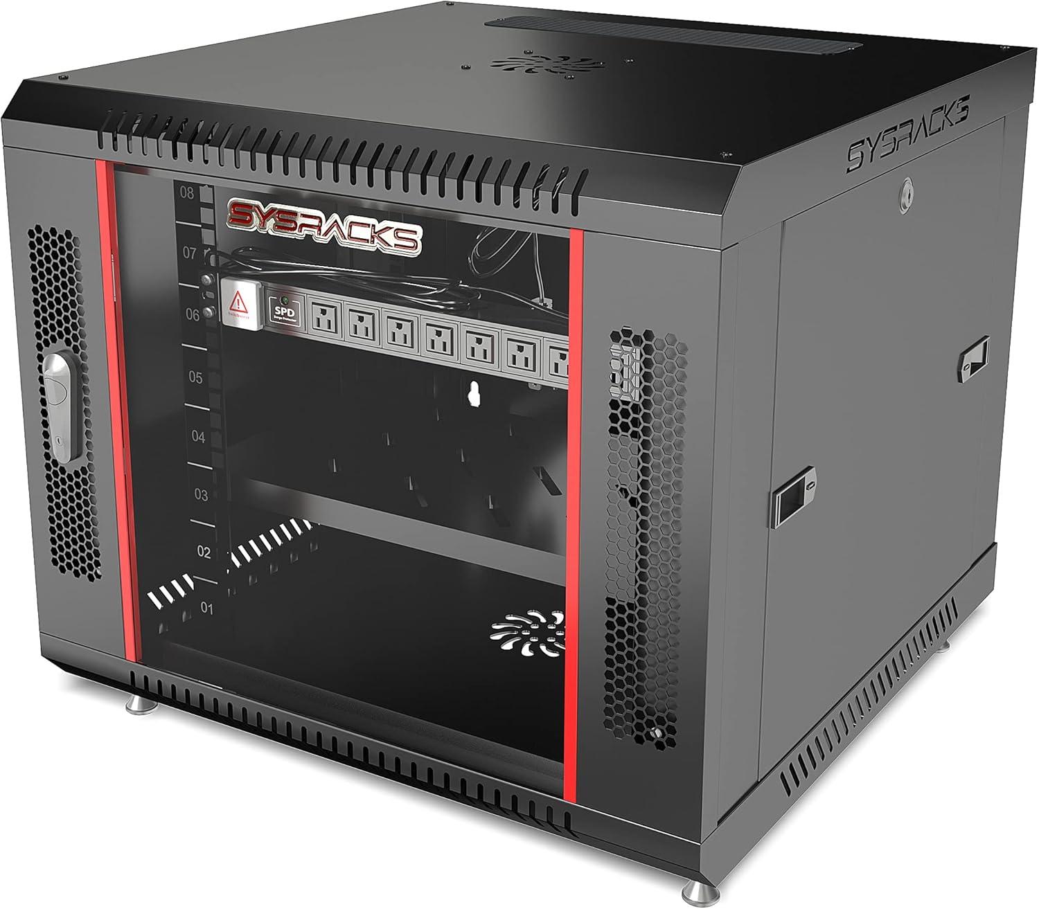 Server Rack - 9U - Server Cabinet - for - Network - Electronics - AV Rack - Equipment - Wall Mount Rack - on Feet with Locking Doors 8-Way Power Strip Shelf Fan - 24-inch Deep Sysracks (Black)