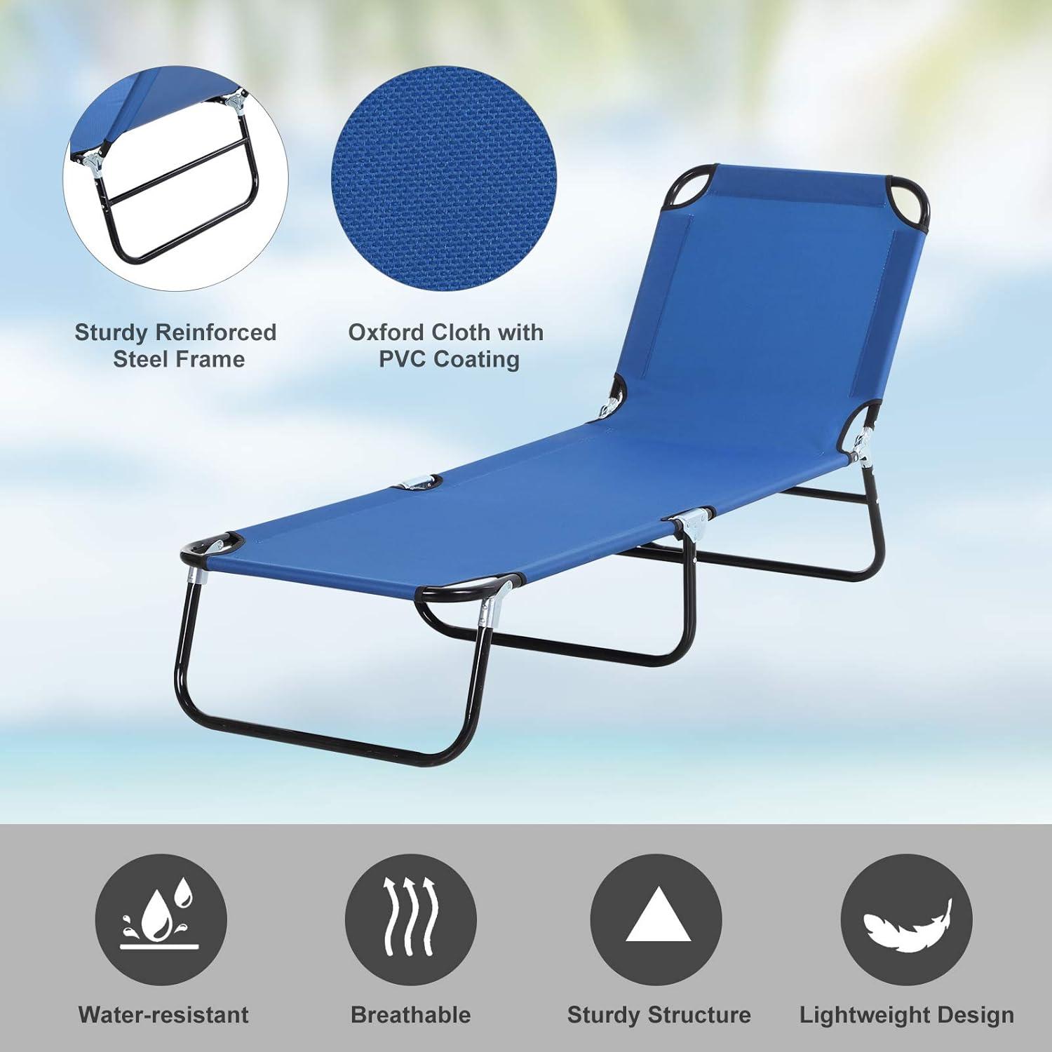 Outsunny Portable Outdoor Sun Lounger, Lightweight Folding Chaise Lounge Chair w/ 5-Position Adjustable Backrest for Beach, Poolside and Patio, Blue