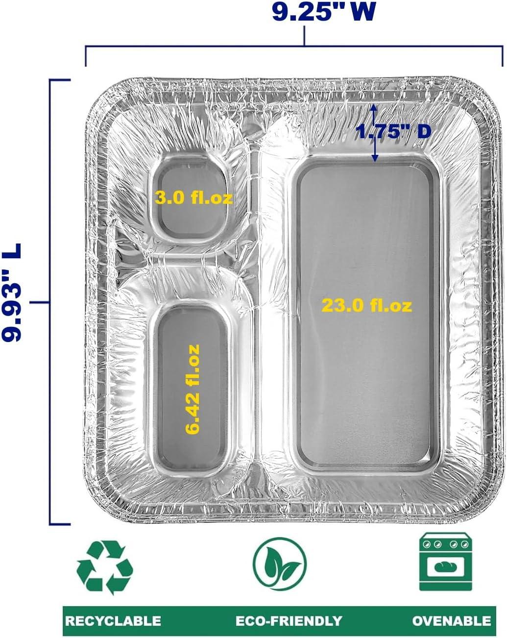 Pactogo Large 3-Compartment Oblong Aluminum Foil Take-Out Pan Senior Feeding TV Dinner Entr?e Tray w/Board Lid (Pack of 10 Sets)