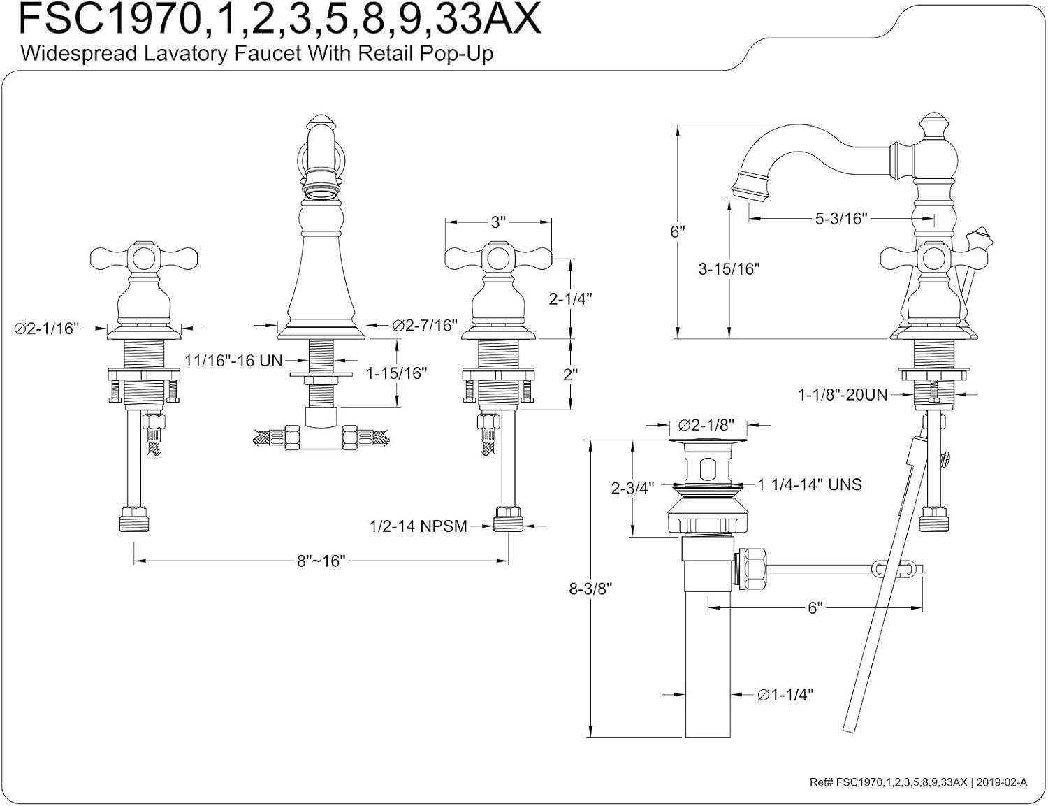 Kingston Brass American Classic Two-Handle 3-Hole Deck Mount Widespread Bathroom Faucet with Pop-Up Drain