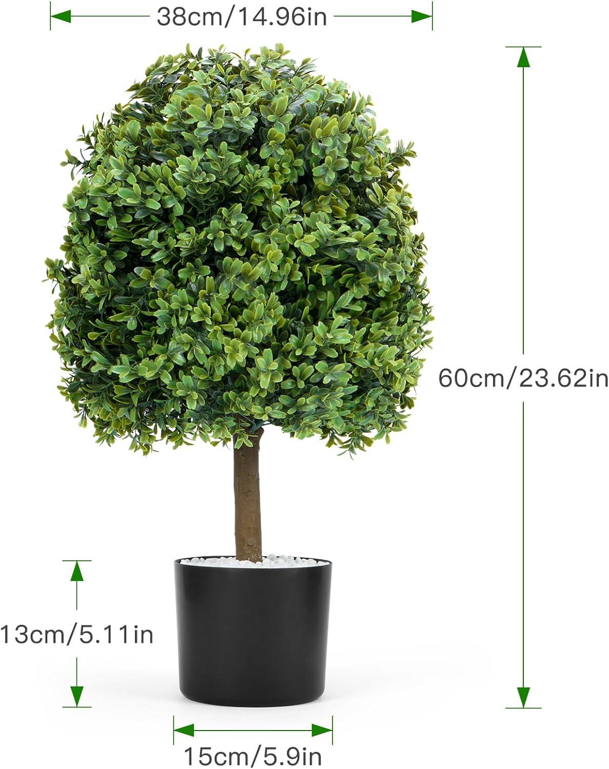 HOMCOM 2 Pack 23.5" Artificial Boxwood Topiary Ball Trees Set of 2, Double Ball-Shaped Boxwood Artificial Topiary Plants for Indoor Outdoor, Green