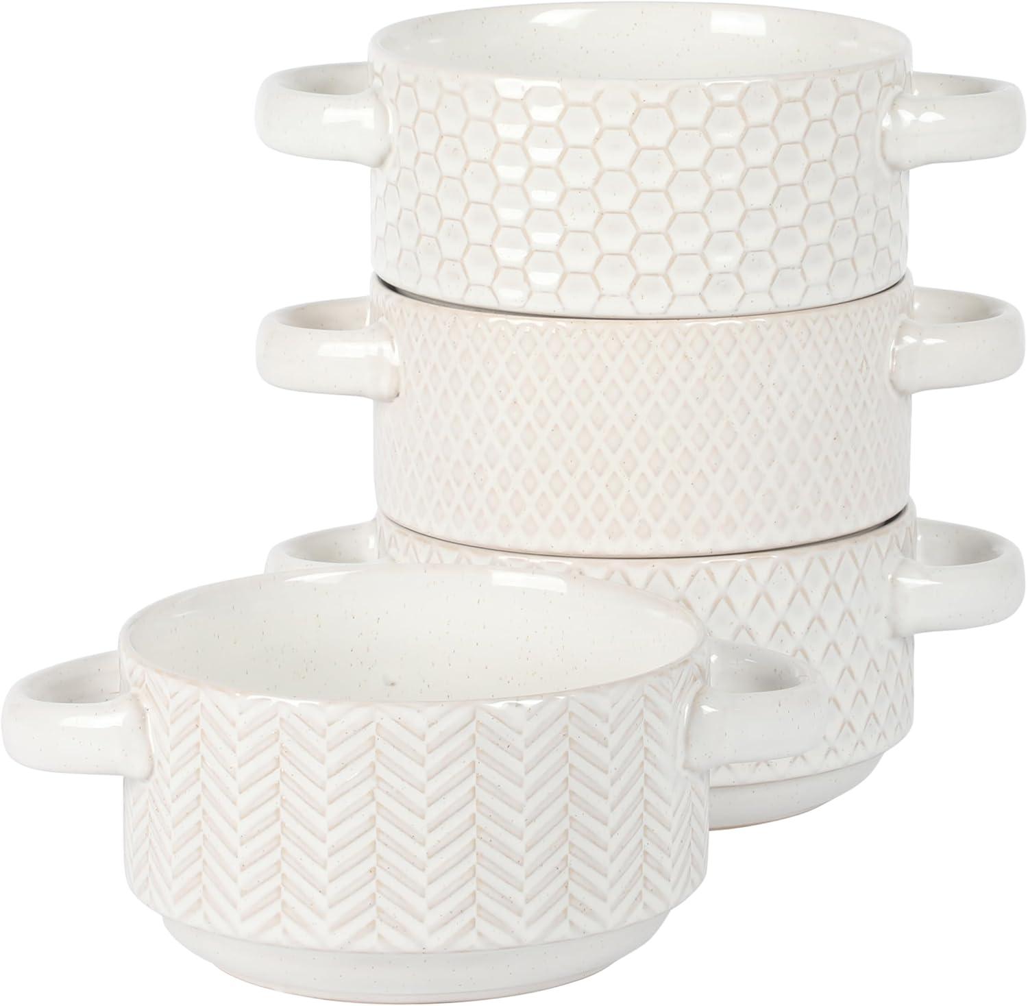 Gibson Elite Gibson Elite Oyster Tide Embossed 6 Inch Soup Bowls with Handles. French Onion Soup Crocks, Stackable Soup Bowl, Chili, Beef Stew Reactive Glaze  Stackable Ceramic Bowl, Set of 4, White