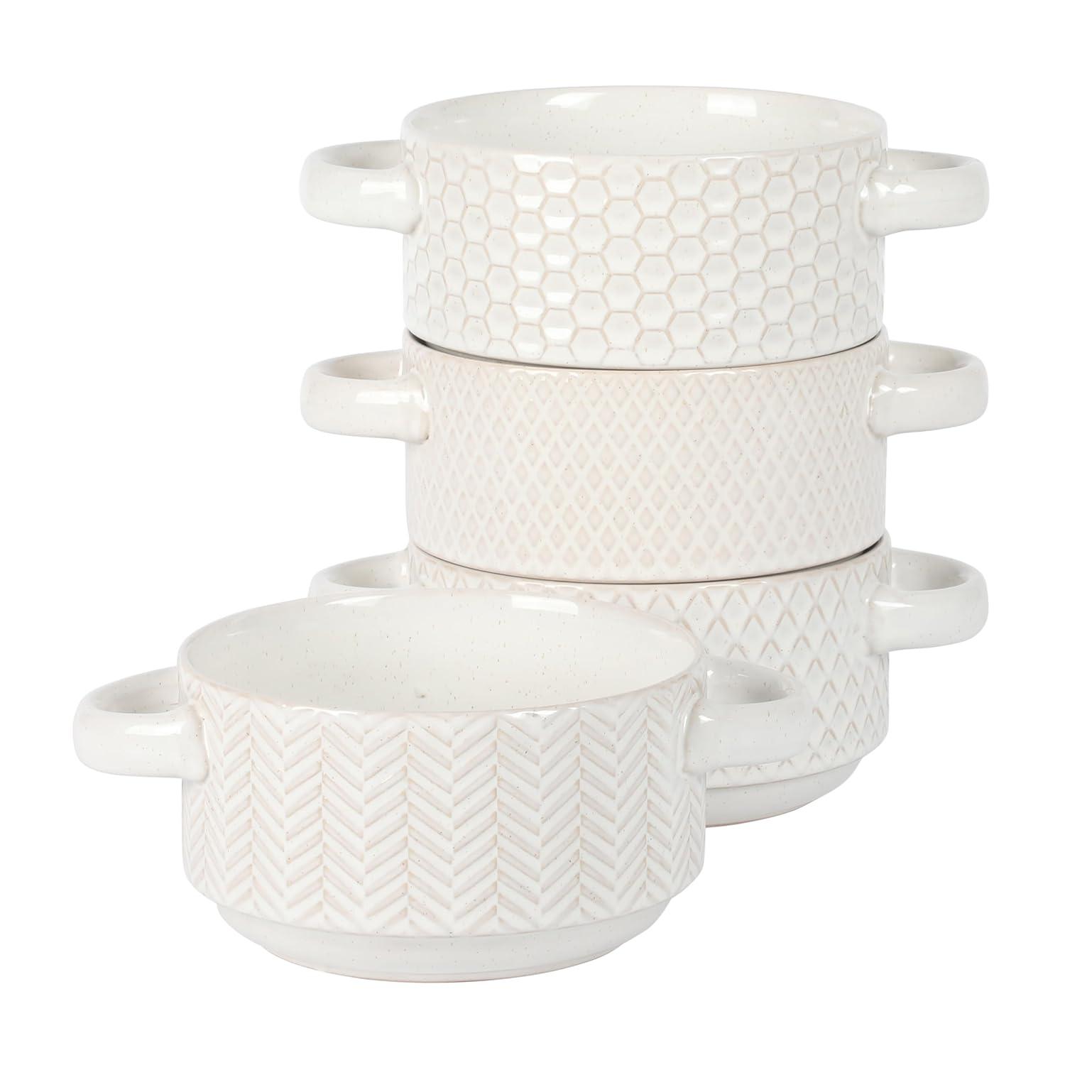 Gibson Elite Gibson Elite Oyster Tide Embossed 6 Inch Soup Bowls with Handles. French Onion Soup Crocks, Stackable Soup Bowl, Chili, Beef Stew Reactive Glaze  Stackable Ceramic Bowl, Set of 4, White