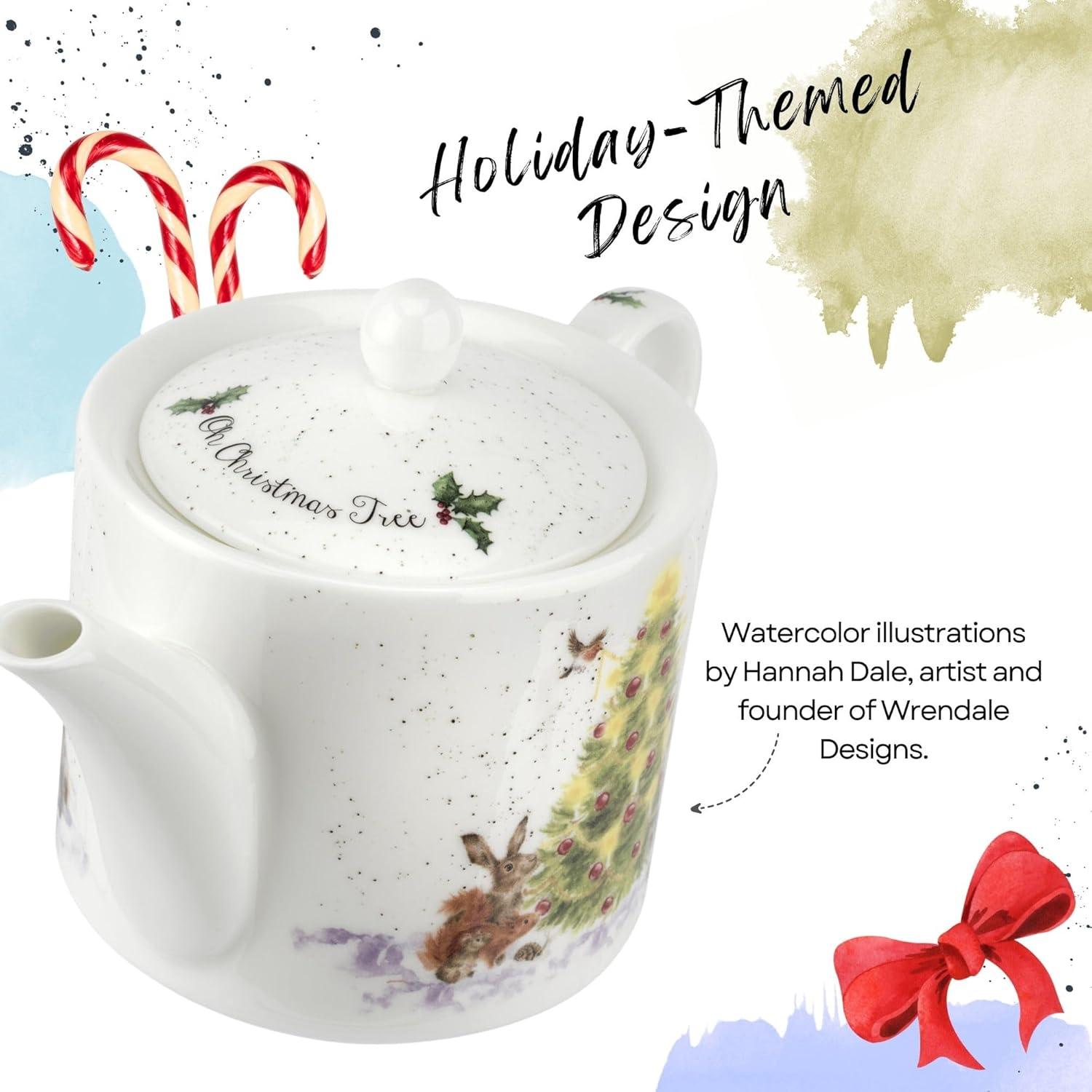 Spode Royal Worcester Oh Christmas Tree 16 Oz Teapot - Fine Bone China Tea Pot - Hand-Painted Woodland Critters, Dishwasher & Microwave Safe