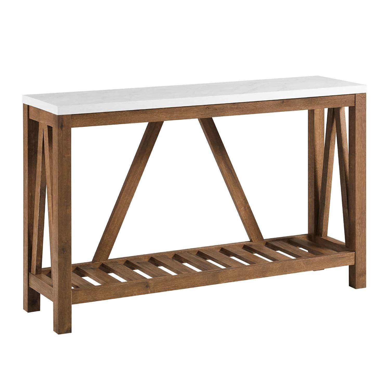 Walker Edison Modern Farmhouse Faux Marble and Walnut Entryway Table, Faux White Marble/Walnut