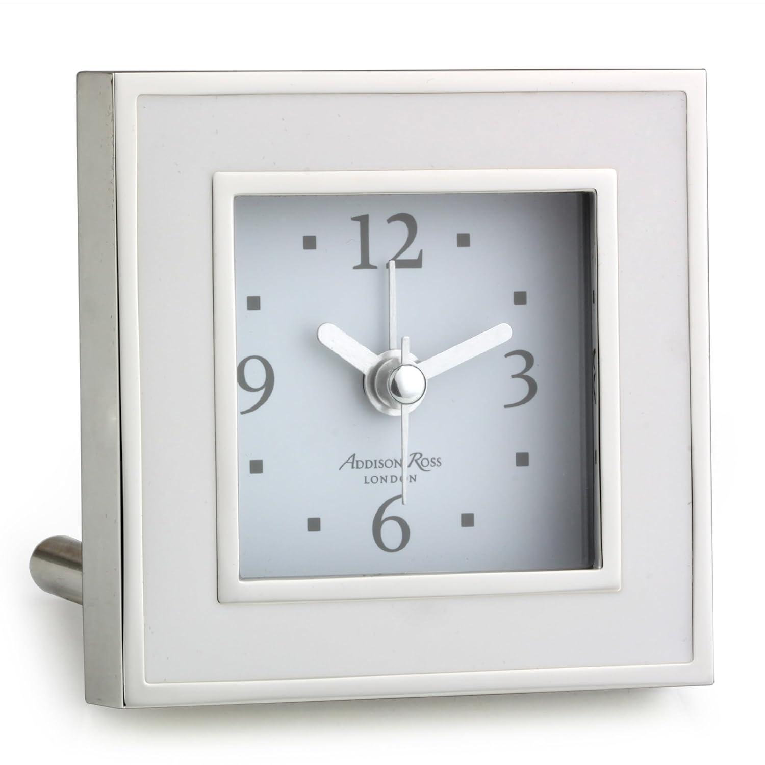 Addison Ross Battery Alarm Clock – Silent Sweep – Compact & Stylish – Alarm Clock Bedside – Velvet-Backed Design/Home & Office Decor – White Enamel