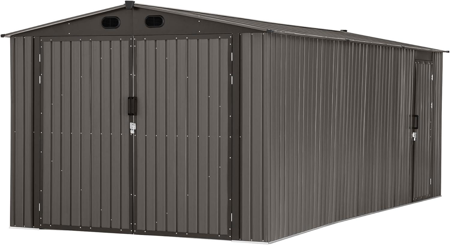 Sunjoy Outdoor Storage Shed 10 x 20 ft. Carport, Patio Metal Utility Large Storage Shed Garage with 2 Doors and 4 Vents, for Car, Truck, Bike, Garbage Can, Tool, Lawnmower, Tan