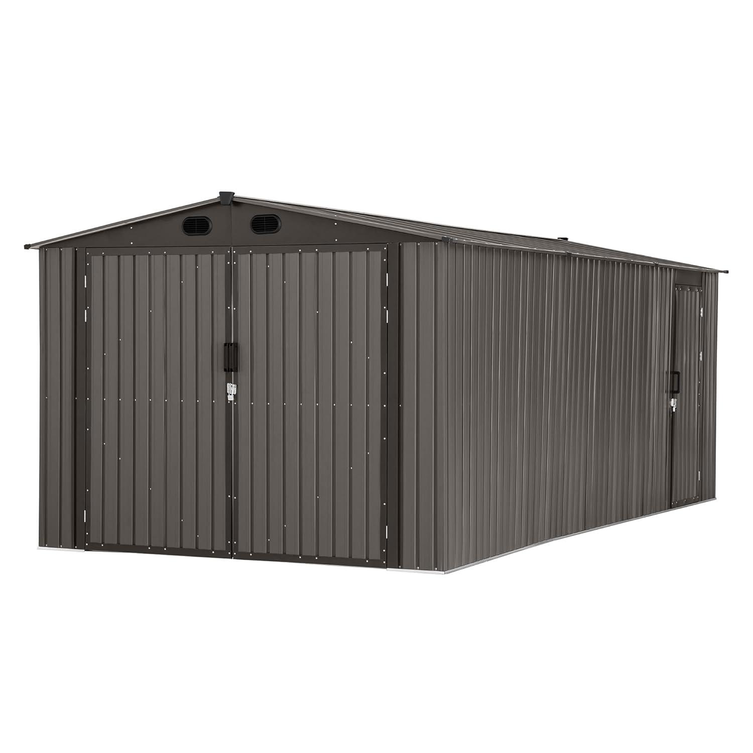 Sunjoy Sunjoy Outdoor Storage Shed 10 x 20 ft. Carport, Patio Metal Utility Large Storage Shed Garage with 2 Doors and 4 Vents, for Car, Truck, Bike, Garbage Can, Tool, Lawnmower