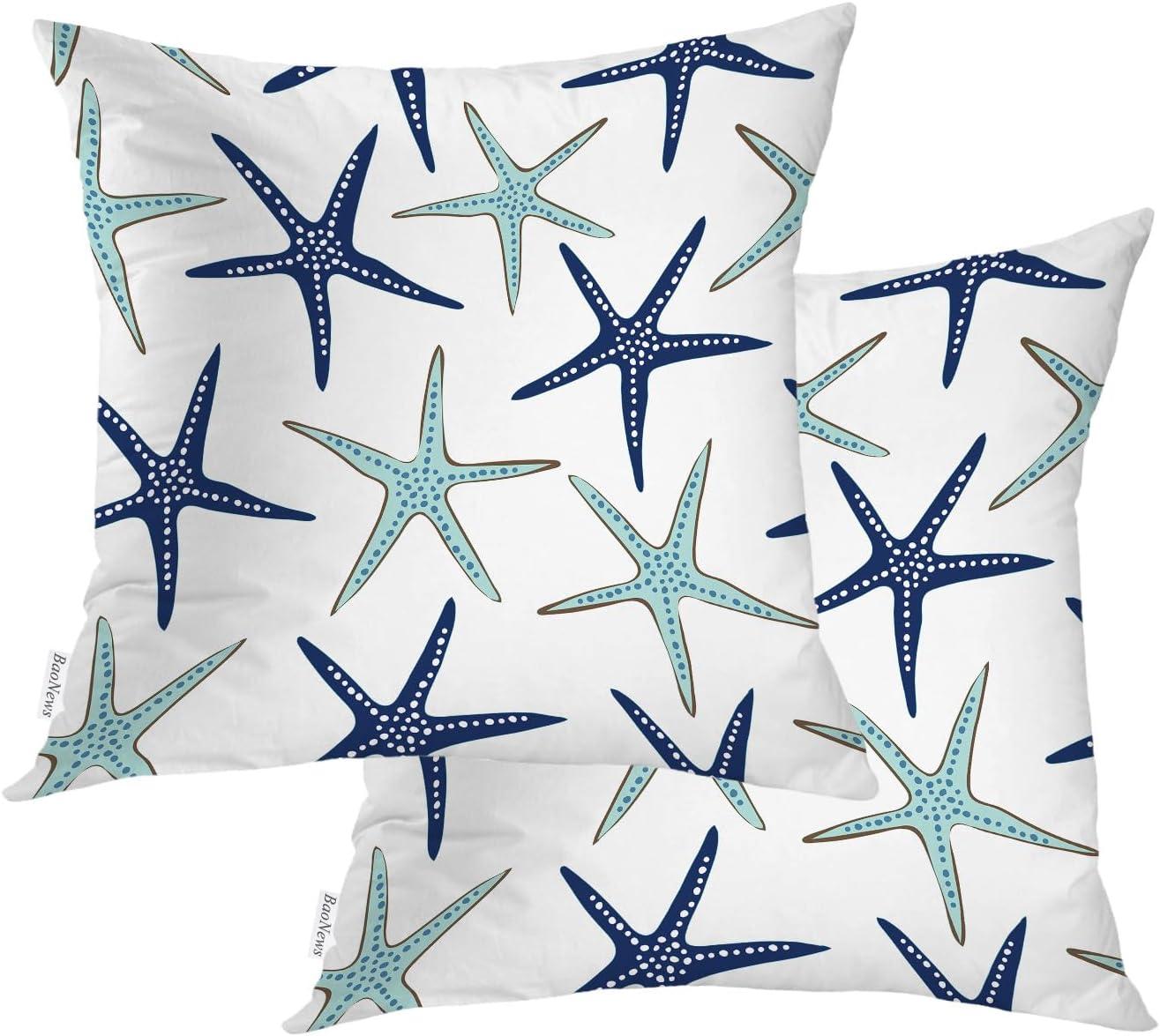 Sky Blue Nautical Starfish Throw Pillow Covers,Beachy Coastal White Navy Sea Star Cushion Cover Digital Blended Hidden Zipperl Decorative Pillowcases for Hair Skin Square 18X18 in 2 Pcs