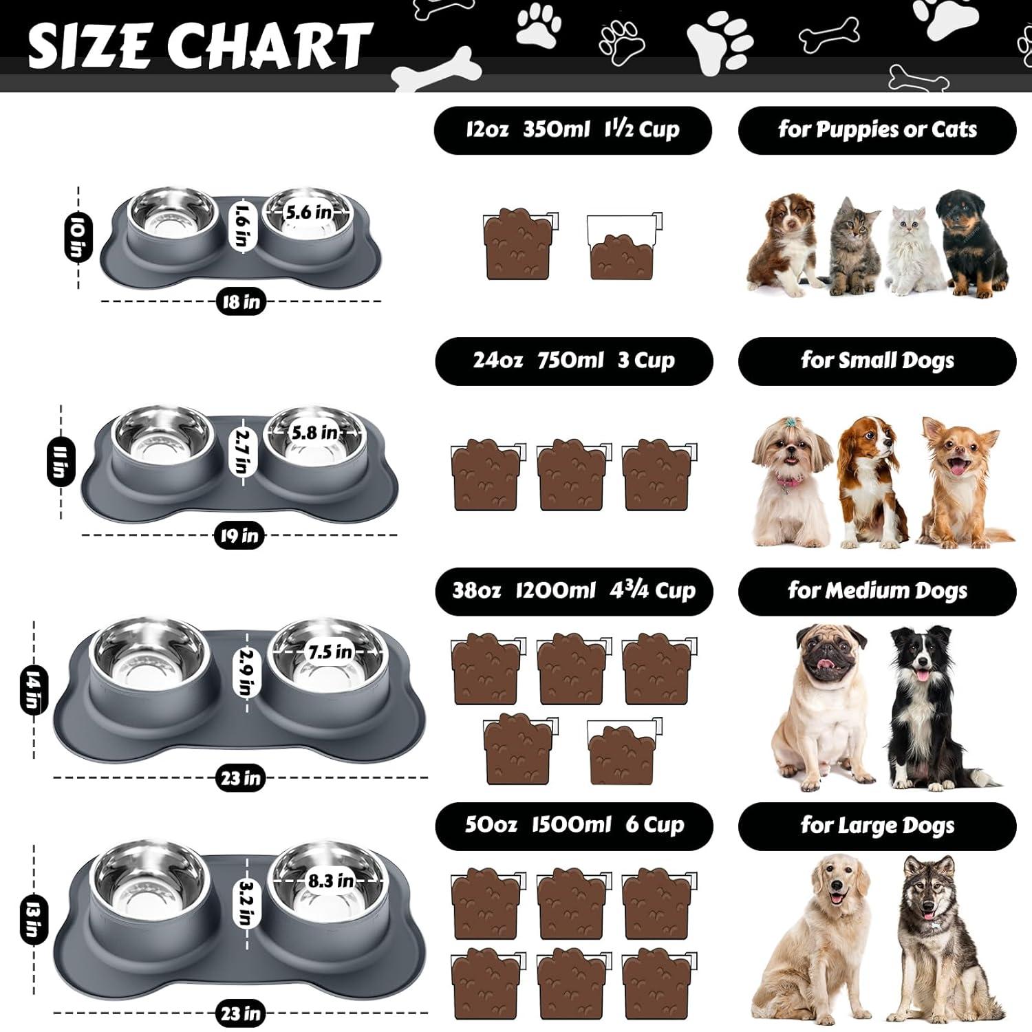 AsFrost Dog Food Bowls Stainless Steel Dog Food & Water Bowl Set with No Spill No Slip Silicone Mat, Dog Dishes for Small Medium Size Dogs Pet Cat Puppy Food Feeding Bowls, Grey, 24oz, 3 Cup