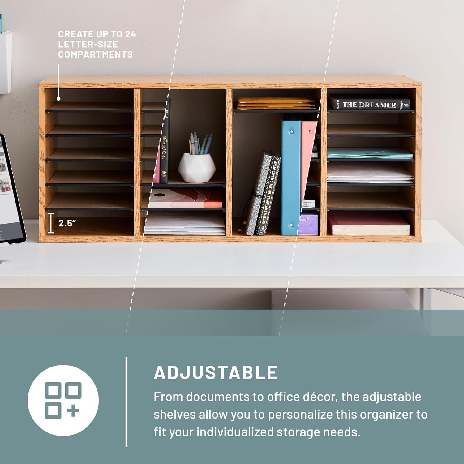 HomeStock Classic Charm Wood Adjustable Literature Organizer, 24 Compartment, Medium Oak, 11.75"D x 39.25"W x 16.25"H.