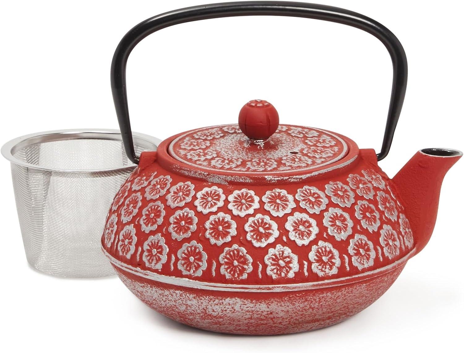Juvale Green Cast Iron Floral Teapot Kettle with Stainless Steel Infuser Set, Japanese Tea Pot for Kitchen Pantry, 34 oz