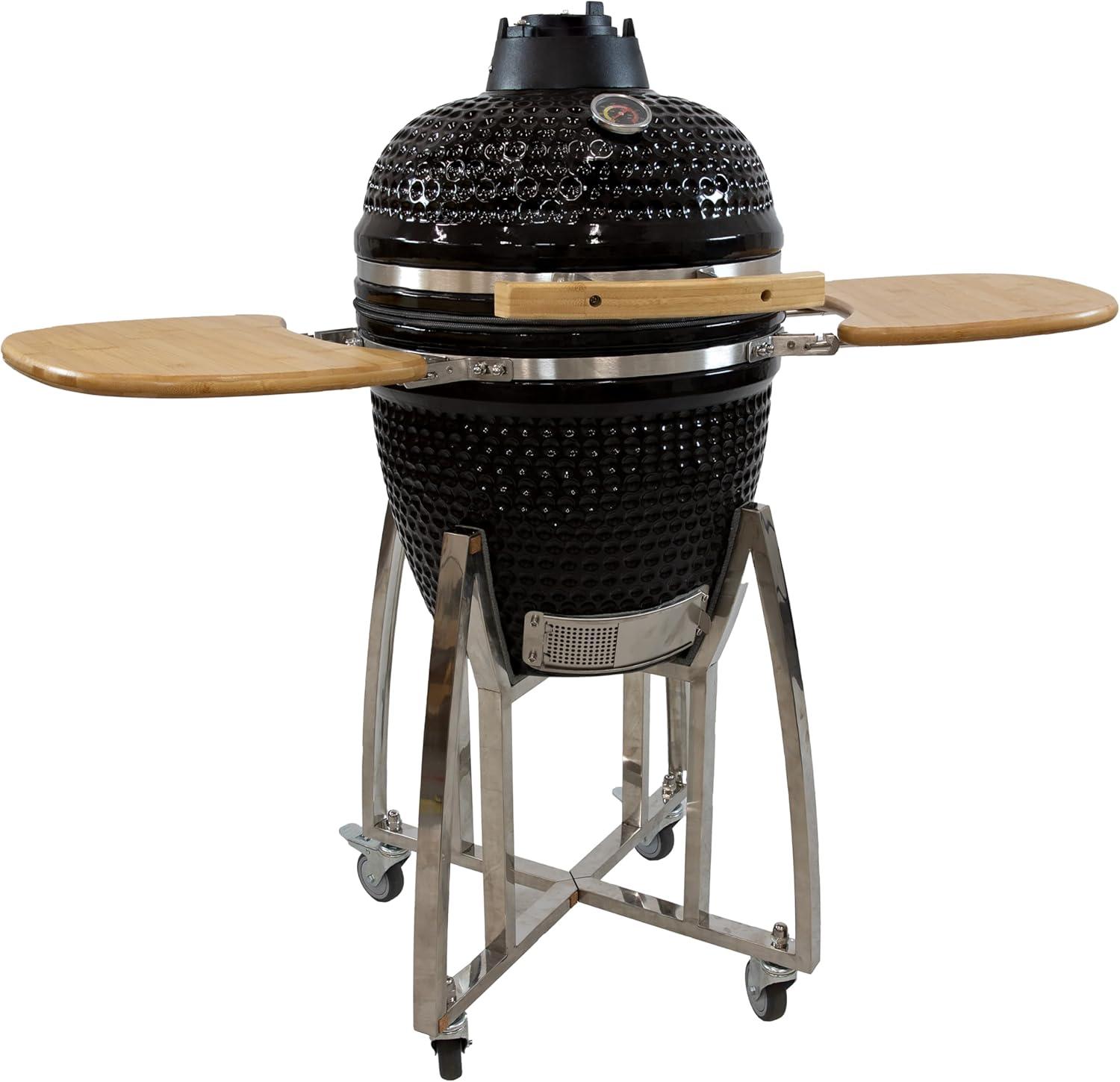 Black Ceramic Kamado Grill with Smoker and Bamboo Side Tables