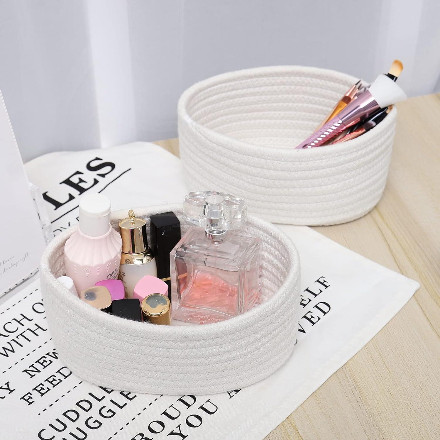 【2 Pack】 ABenkle Small Storage Baskets, Natural Cotton Rope Woven Baskets for Organizing, Tiny Oval Storage Easter Baskets, Toy Baskets, Bathroom Organization Bin, Baskets for Mother's Day Gifts