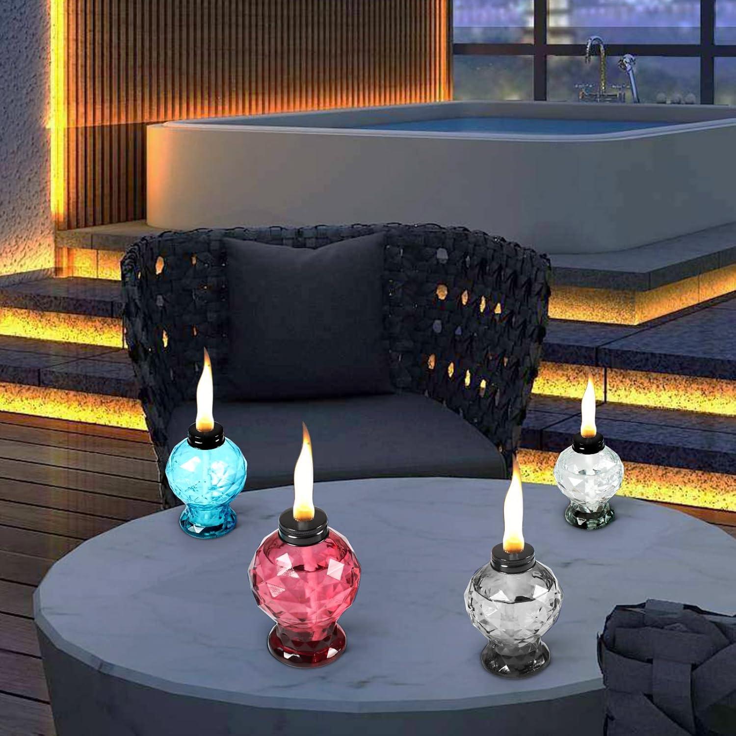 TRAHOO-4 Pack Glass Table Top Light Torches for Outside, Easy to Refill Glass Citronella Torches Outdoor Lanterns, Wick and Cap Included Torch for Garden Patio Yard Party