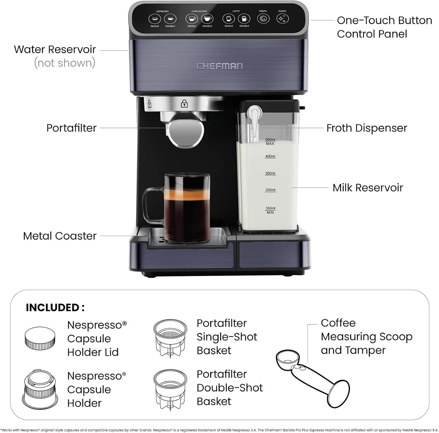 Chefman Barista Pro Plus Espresso Machine w/ Milk Frother, 20 Bar Pump, Black Stainless Steel