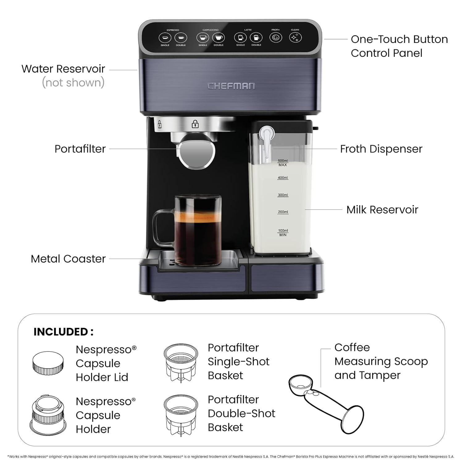 Chefman Barista Pro Plus Espresso Machine w/ Milk Frother, 20 Bar Pump, Black Stainless Steel