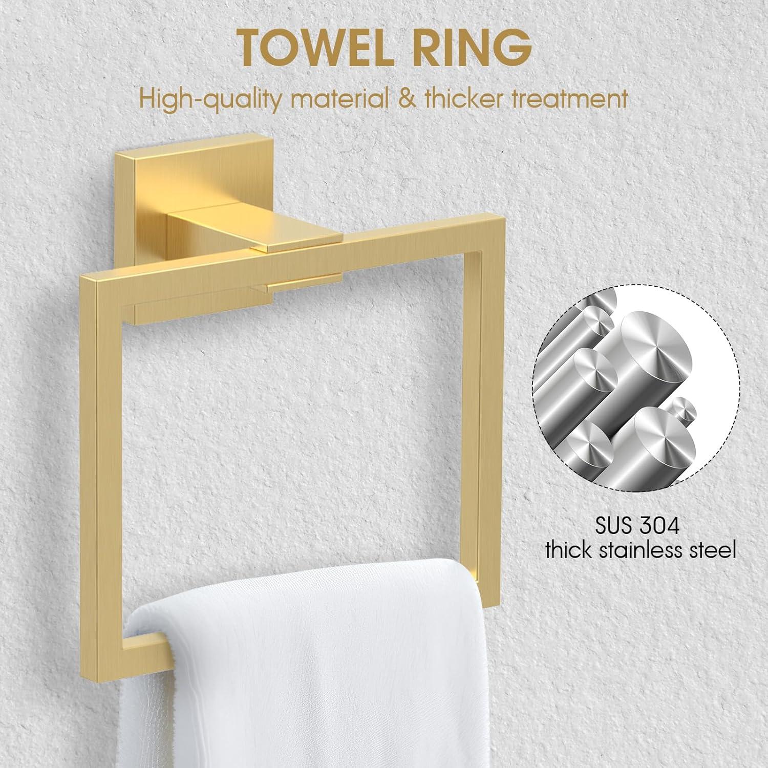 5 Pieces Brushed Gold Bathroom Hardware Accessories Set,Stainless Steel Square 23.6 "+16" Double Hand Towel Bar Set Gold,Towel Rack Set Gold Wall Mounted