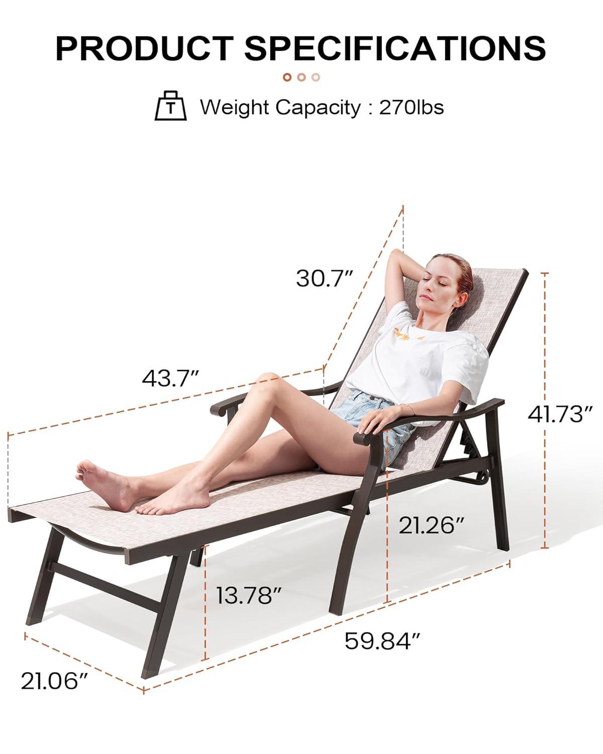 Beige Aluminum Outdoor Chaise Lounge with Armrests, Set of 2