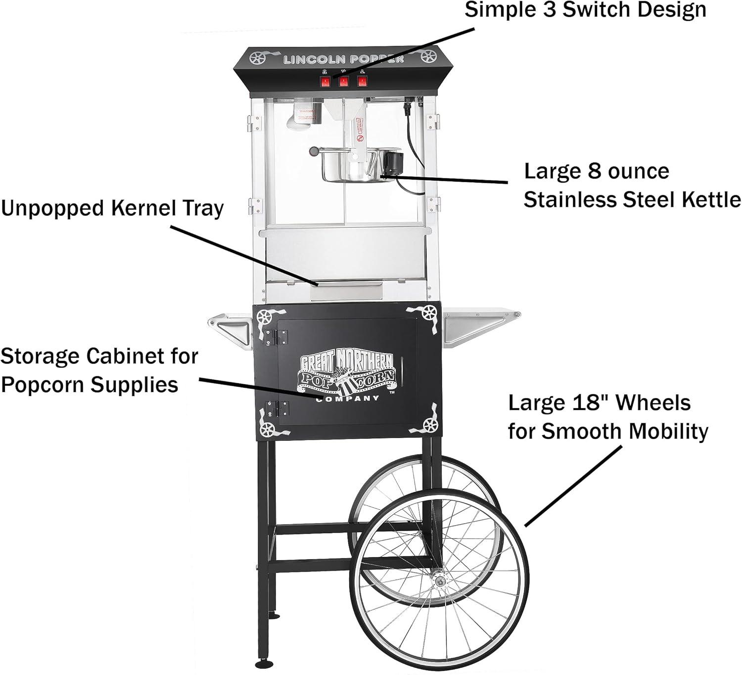 Great Northern Popcorn 8 oz. Lincoln Popcorn Machine With Cart – Black