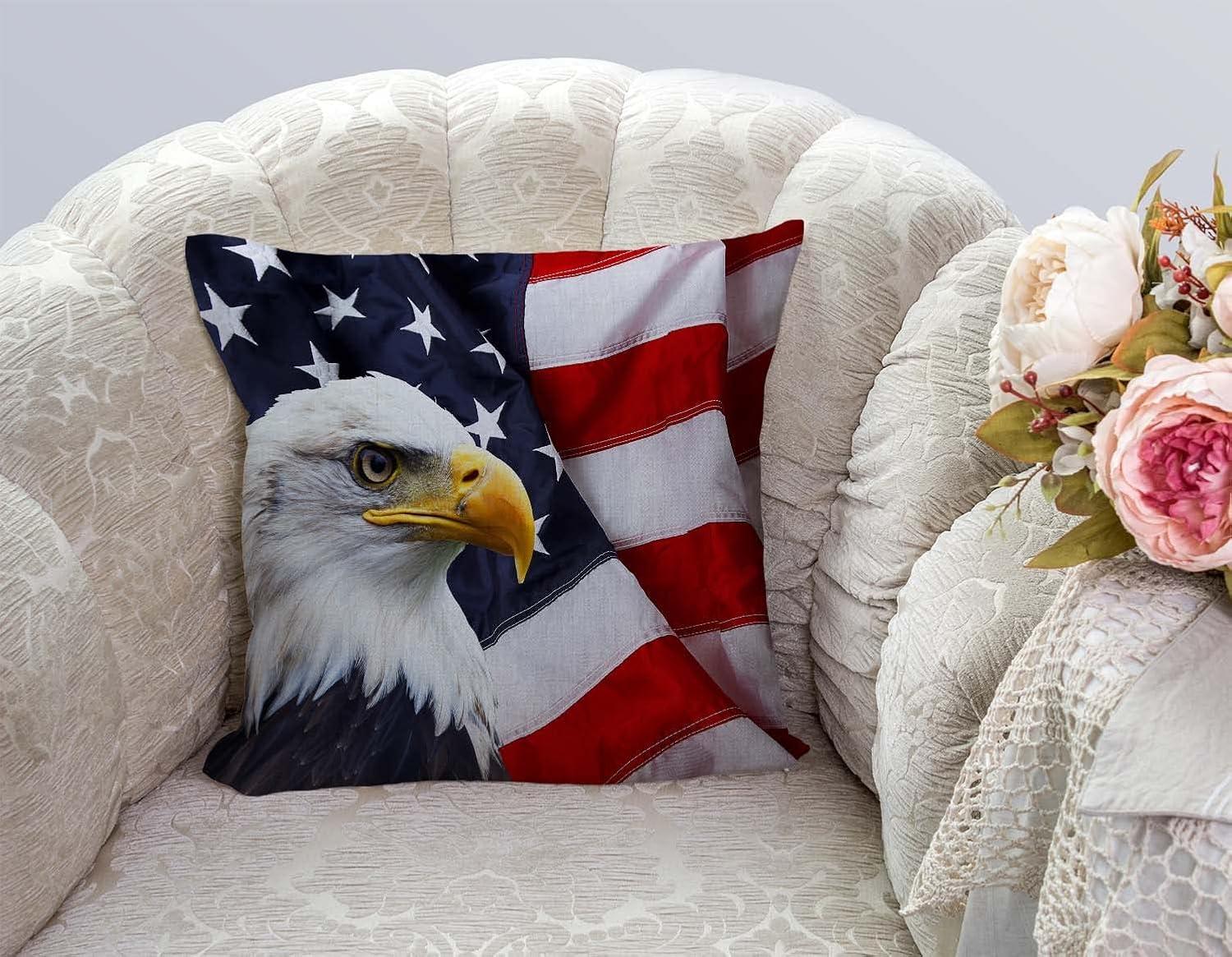 Patriotic Eagle and American Flag Cotton Linen Throw Pillow