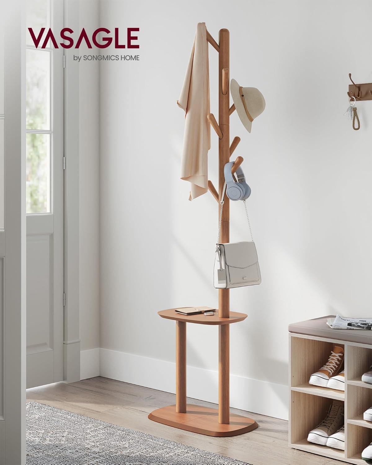 Somber Walnut Freestanding Coat Rack with 8 Hooks and Shelf