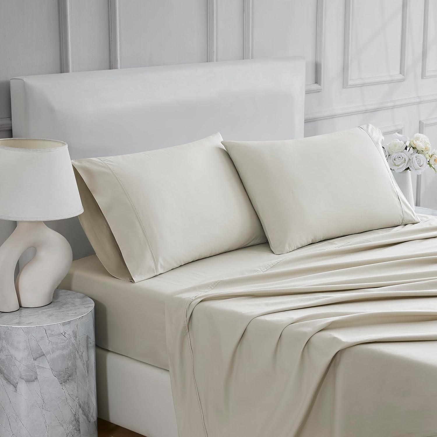 Linen Closet Luxury Cotton 400 Thread Count Ultimate Cotton Percale 4-Piece Sheet Set, Queen, Tan
