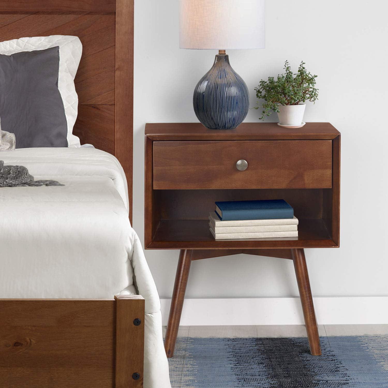 Mid-Century Modern Single-Drawer Solid Wood Nightstand - Walnut