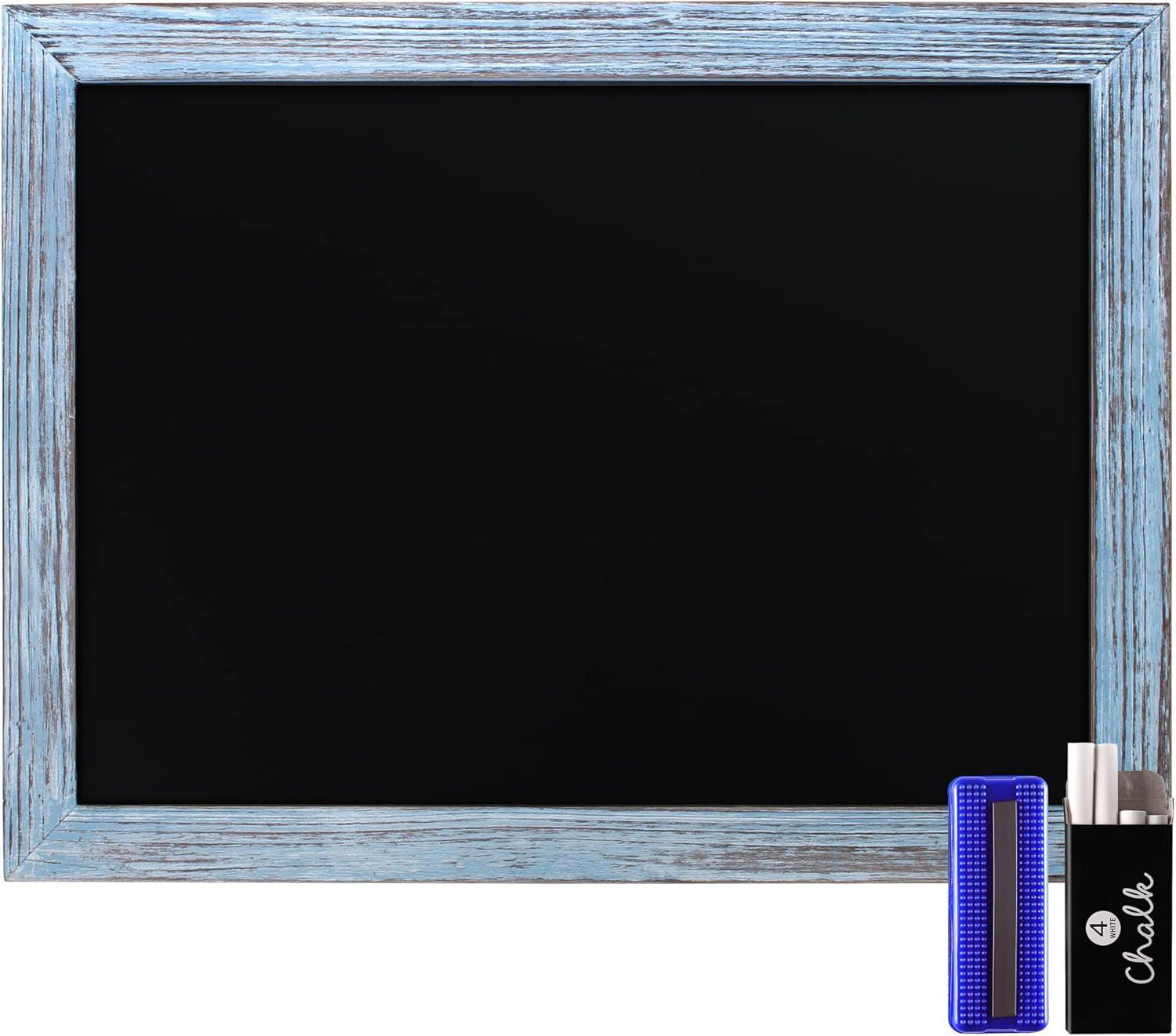 HBCY Creations Rustic Blue Magnetic Wall Chalkboard, 18" x 24", Framed Decorative Chalkboard with Eraser - For Kitchen, Weddings, Restaurant Menus and More!