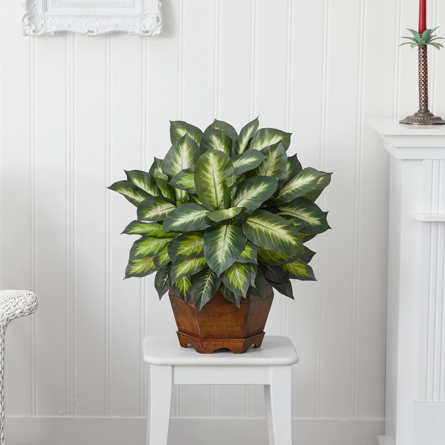 Elegant Golden Dieffenbachia 35" Silk Tabletop Arrangement in Hexagon Pot