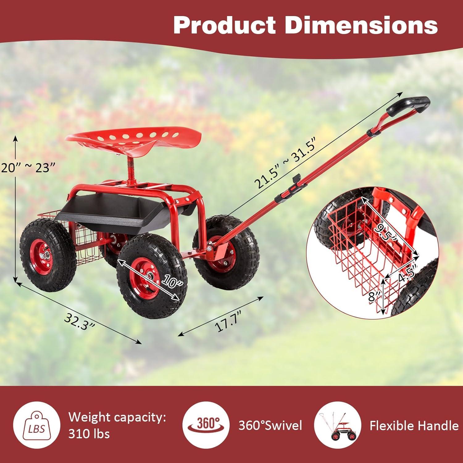 Rolling Garden Cart Scooter Stool - Garden Seat with Wheels Garden Cart with Seat, Adjustable Handle 360 Degree Swivel (Green)