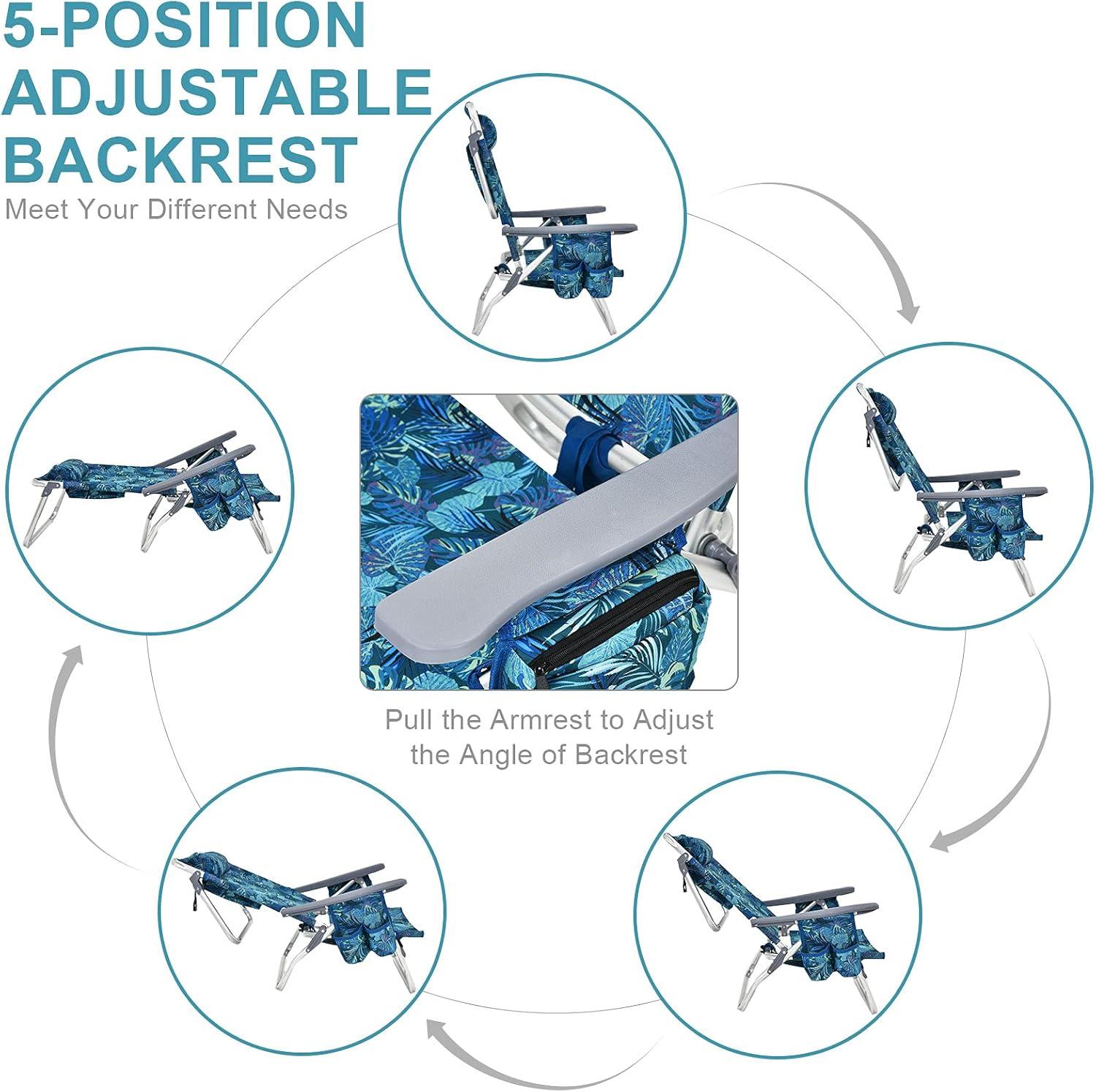 Topcobe 2-Pack Folding Backpack Beach Chair 5-Position Outdoor Reclining Chairs with Pillow, Foldable Outdoor Patio Chair for Deck, Backyard, Navy