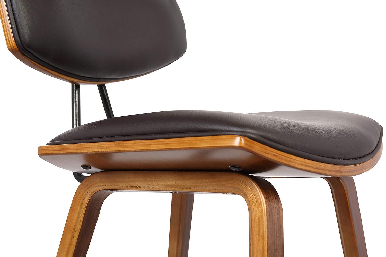 Armen Living 26" Fox Mid-Century Counter Height Barstool in Brown Faux Leather with Walnut Wood: Upholstered Square Seat, Padded Back