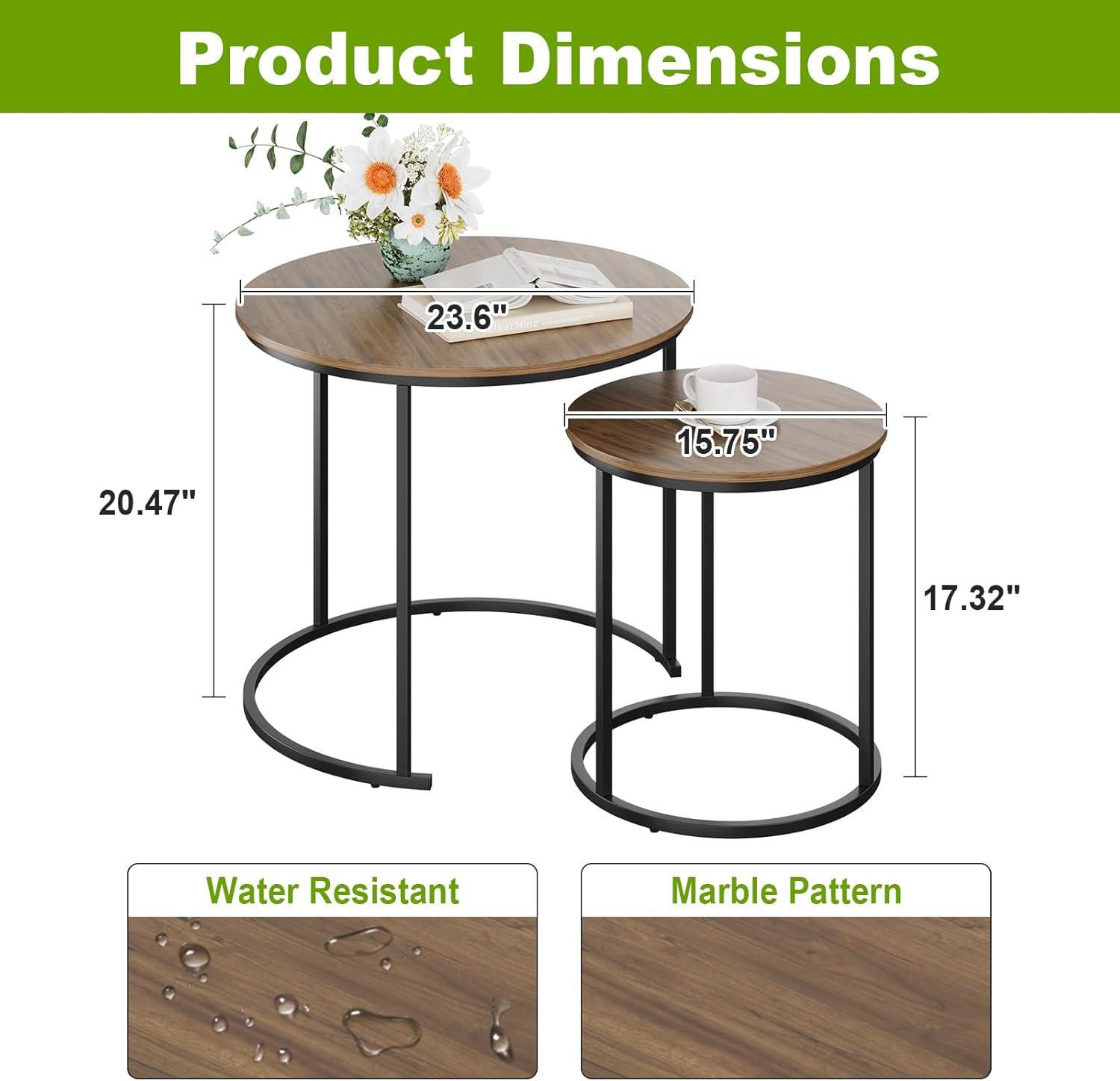 Yesfashion Nesting Coffee Table Set Of 2, 27.6" Round Coffee Table Wood Top With Sturdy Metal Frame, End Table Side Tables For Living Room Bedroom Balcony Yard