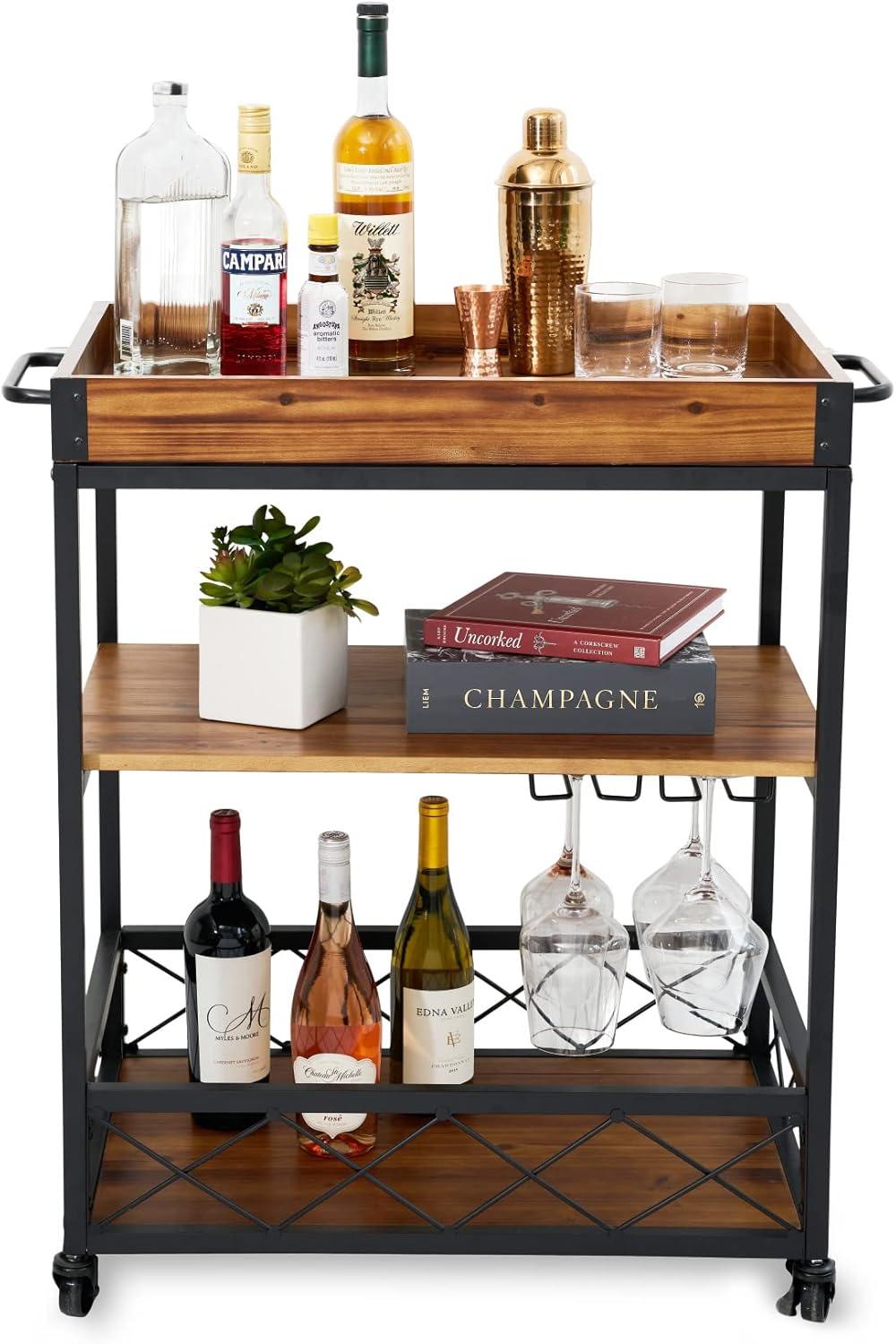 Twine Modern Manor Bar Cart, Portable Bar with Removable Tray, Serving Cart