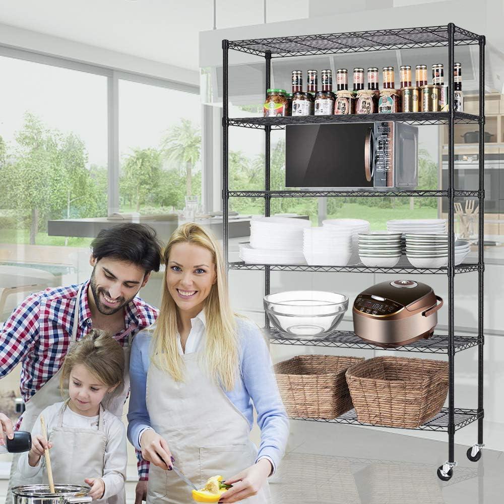 6-Tier Black Adjustable Steel Wire Shelving Unit with Wheels