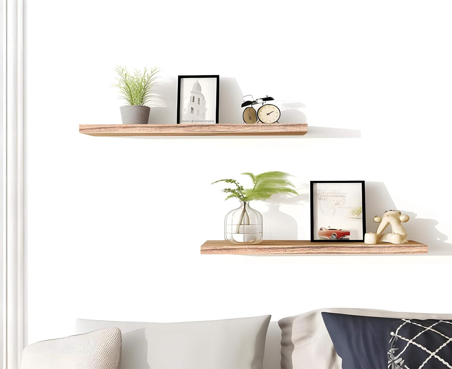 24 Inch Light Walnut Wood Floating Wall Shelves, Set of 4