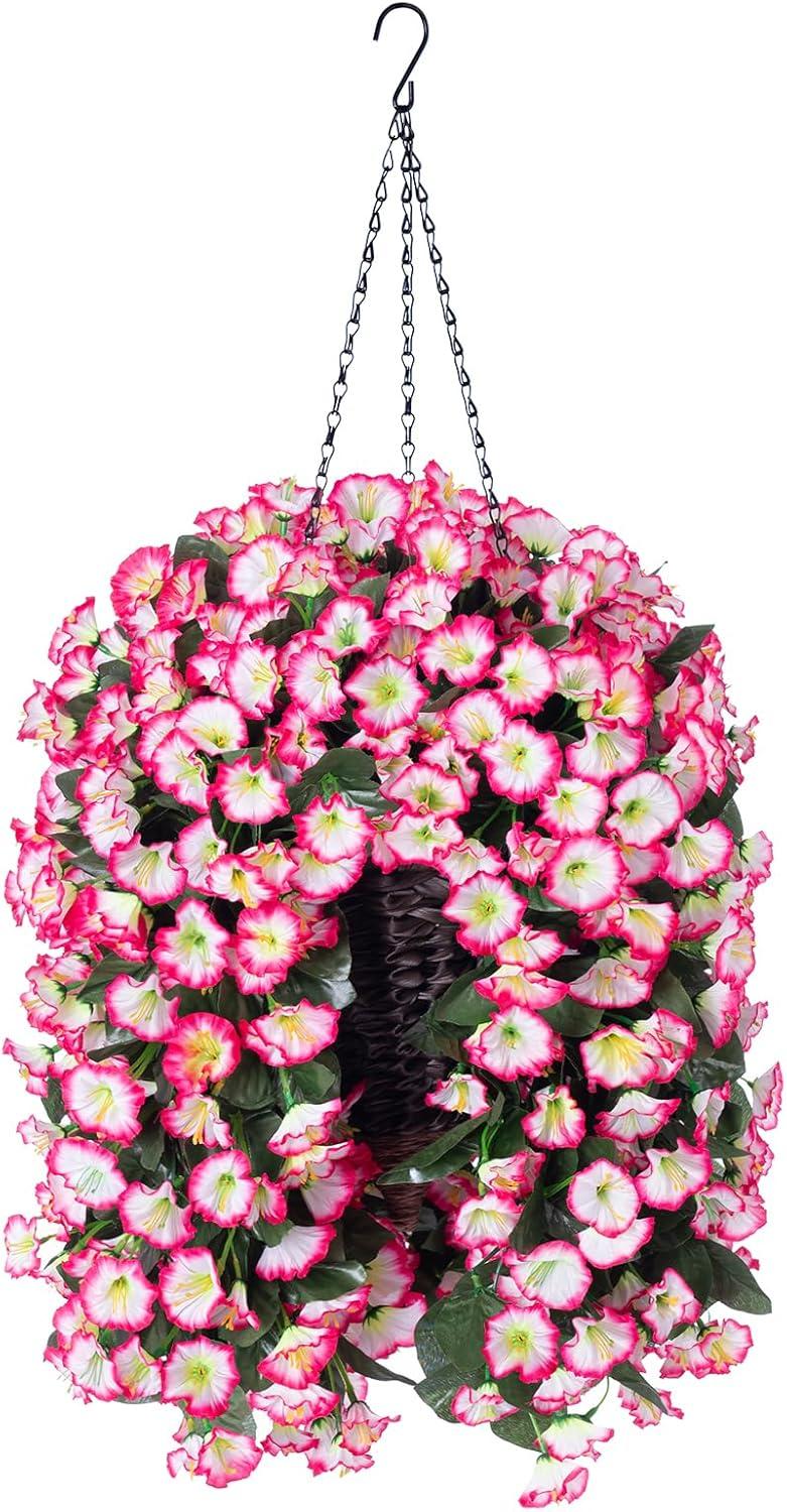 Artificial Hanging Flowers in Basket Fake Plant for Outside, Silk Pink Morning Glory Flower Arrangement for Outdoor Decor, UV Resistant Realistic Floral Planter for Porch Patio Balcony