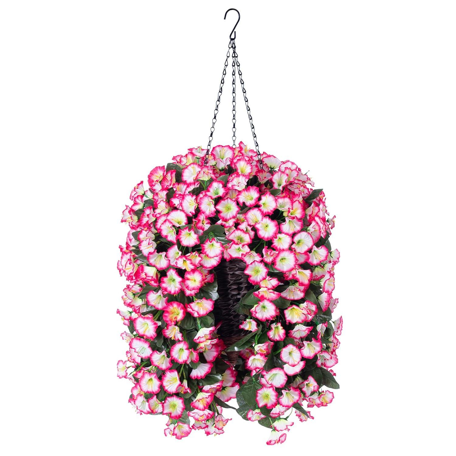Artificial Hanging Flowers in Basket Fake Plant for Outside, Silk Pink Morning Glory Flower Arrangement for Outdoor Decor, UV Resistant Realistic Floral Planter for Porch Patio Balcony