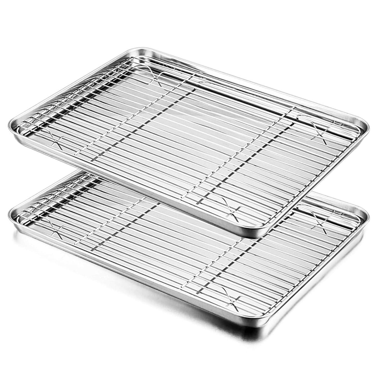 Baking Sheet with Rack Set, E-far Stainless Steel Baking Pans Tray Cookie Sheet with Cooling Rack, 16 x 12 x 1 inch, Non Toxic & Healthy, Rust Free & Dishwasher Safe - 4 Pieces (2 Sheets 2 Racks)